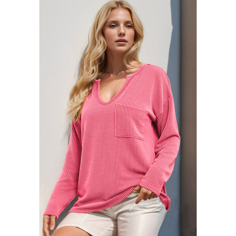 Double Take Striped Notched Long Sleeve T-Shirt Coral / S Apparel and Accessories