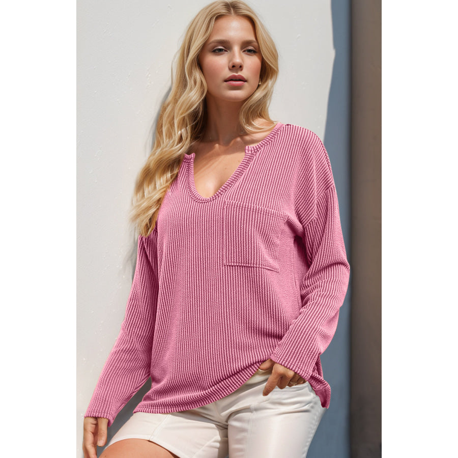 Double Take Striped Notched Long Sleeve T-Shirt Pink / S Apparel and Accessories