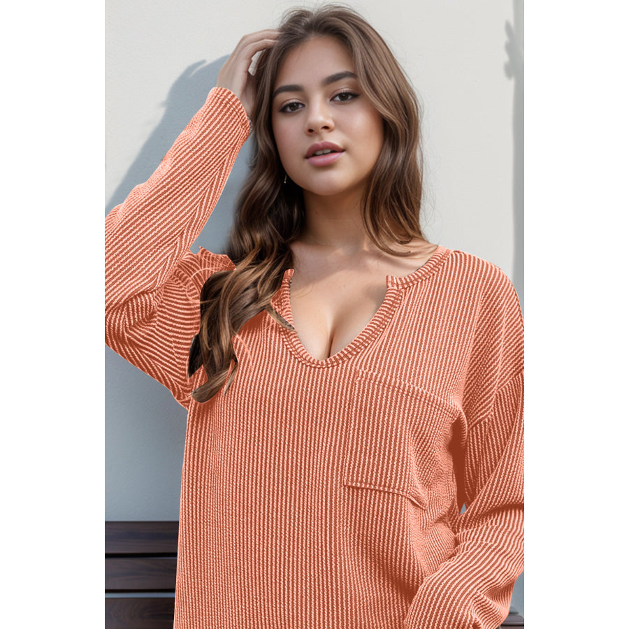 Double Take Striped Notched Long Sleeve T-Shirt Tangerine / S Apparel and Accessories