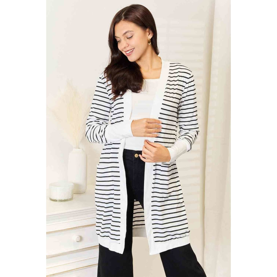 Double Take Striped Open Front Longline Cardigan Clothing