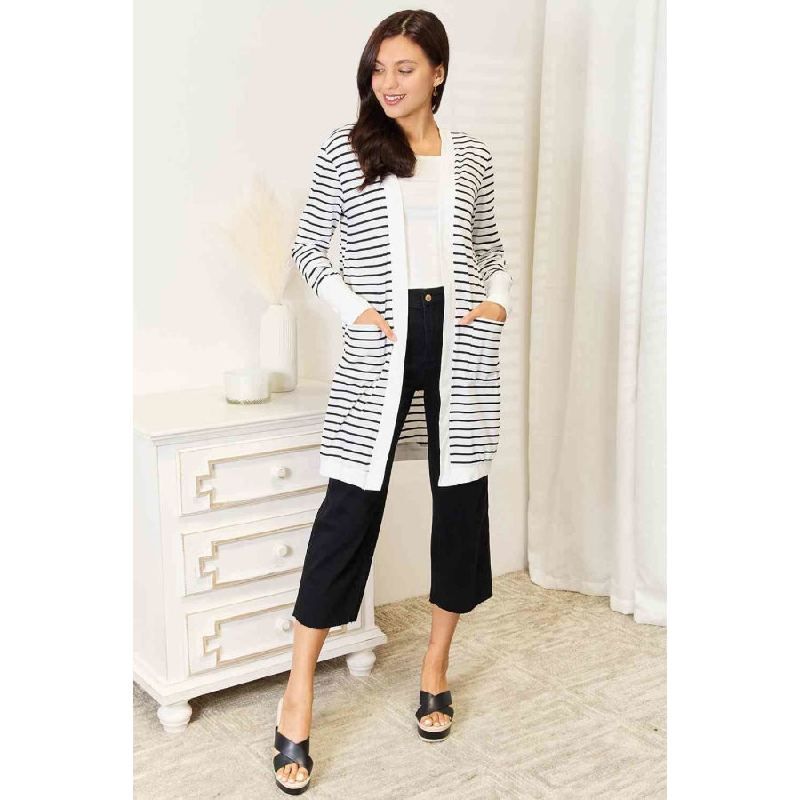 Double Take Striped Open Front Longline Cardigan Clothing