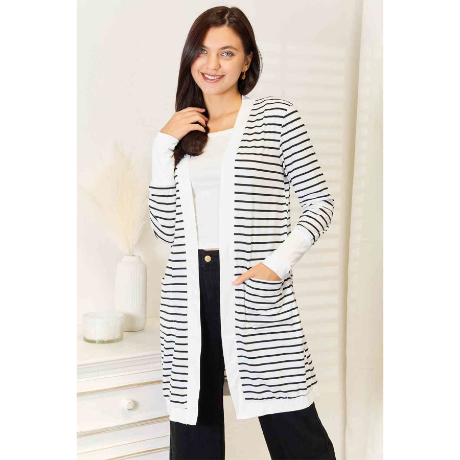 Double Take Striped Open Front Longline Cardigan White / S Clothing