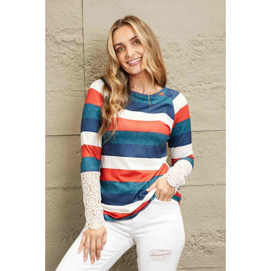 Double Take Striped Round Neck Raglan Sleeve Tee Apparel and Accessories