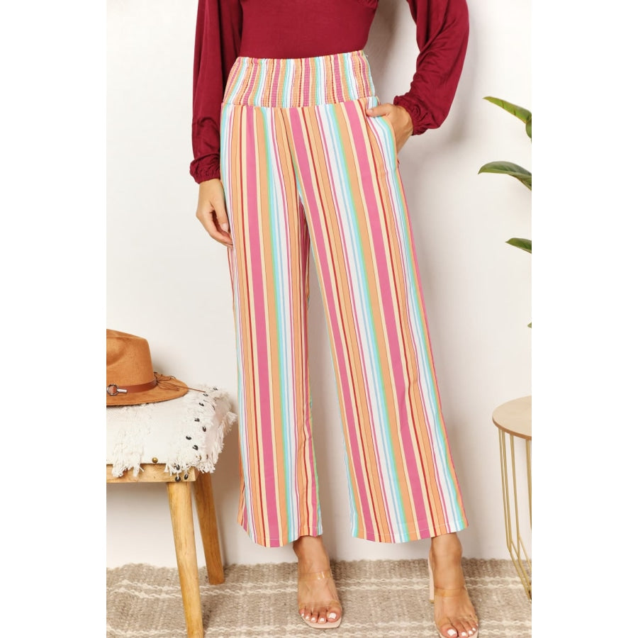 Double Take Striped Smocked Waist Pants with Pockets Multicolor / S