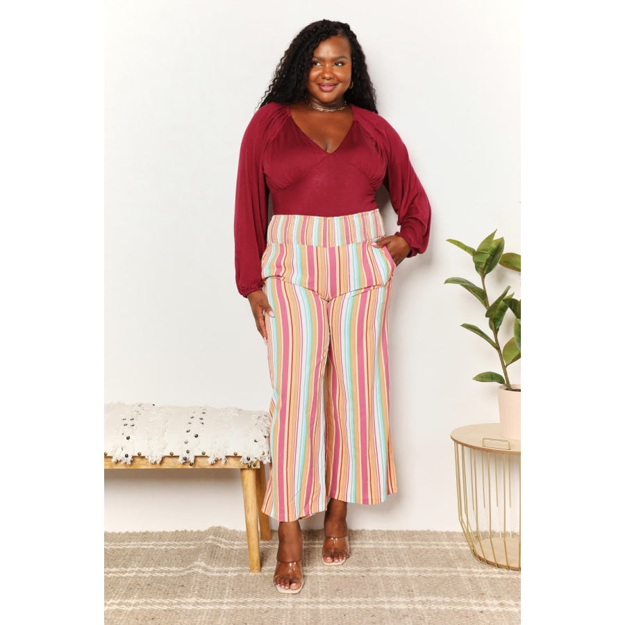 Double Take Striped Smocked Waist Pants with Pockets