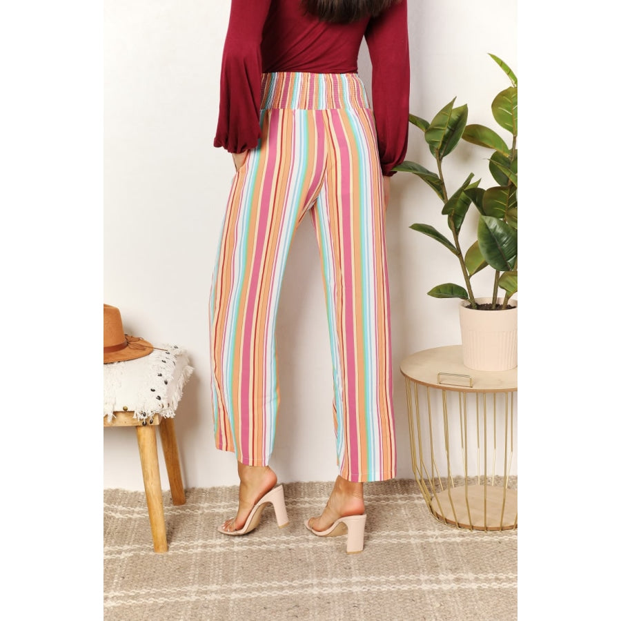 Double Take Striped Smocked Waist Pants with Pockets