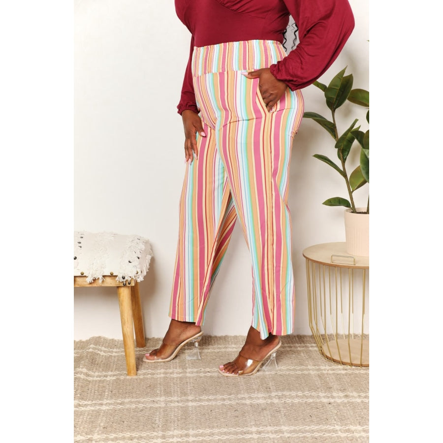 Double Take Striped Smocked Waist Pants with Pockets