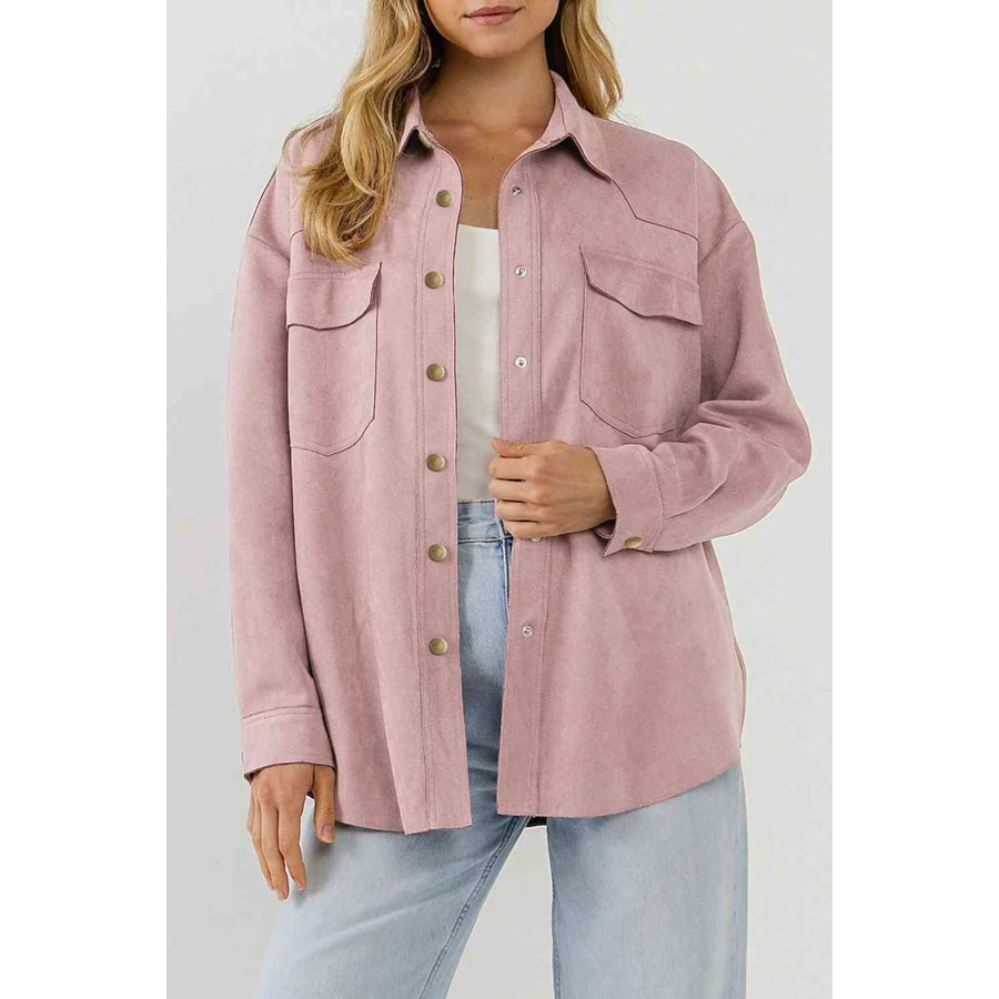 Double Take Suede Snap Front Dropped Shoulder Jacket Apparel and Accessories