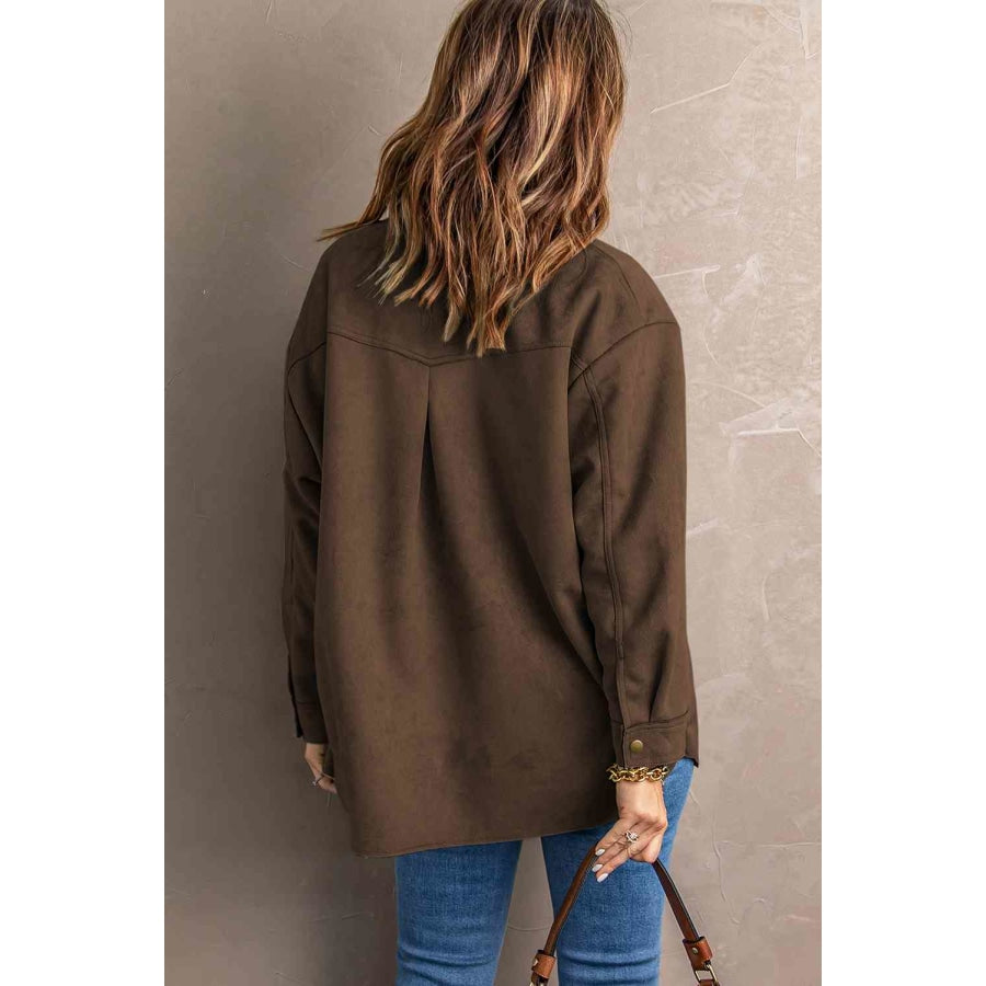 Double Take Suede Snap Front Dropped Shoulder Jacket Apparel and Accessories