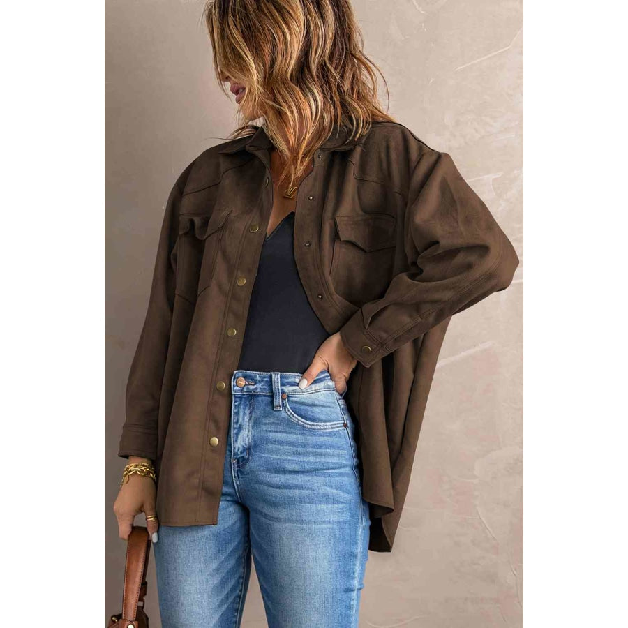 Double Take Suede Snap Front Dropped Shoulder Jacket Brown / S Apparel and Accessories