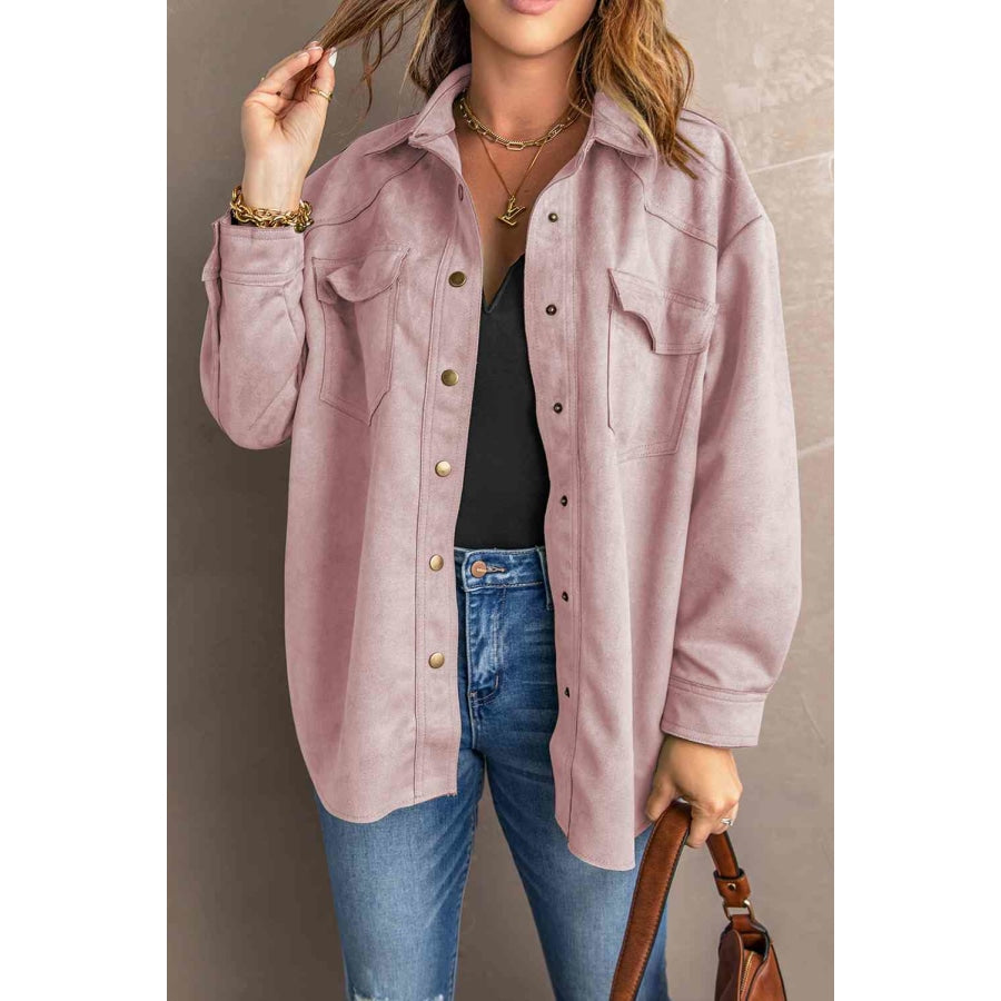 Double Take Suede Snap Front Dropped Shoulder Jacket Pink / M Apparel and Accessories
