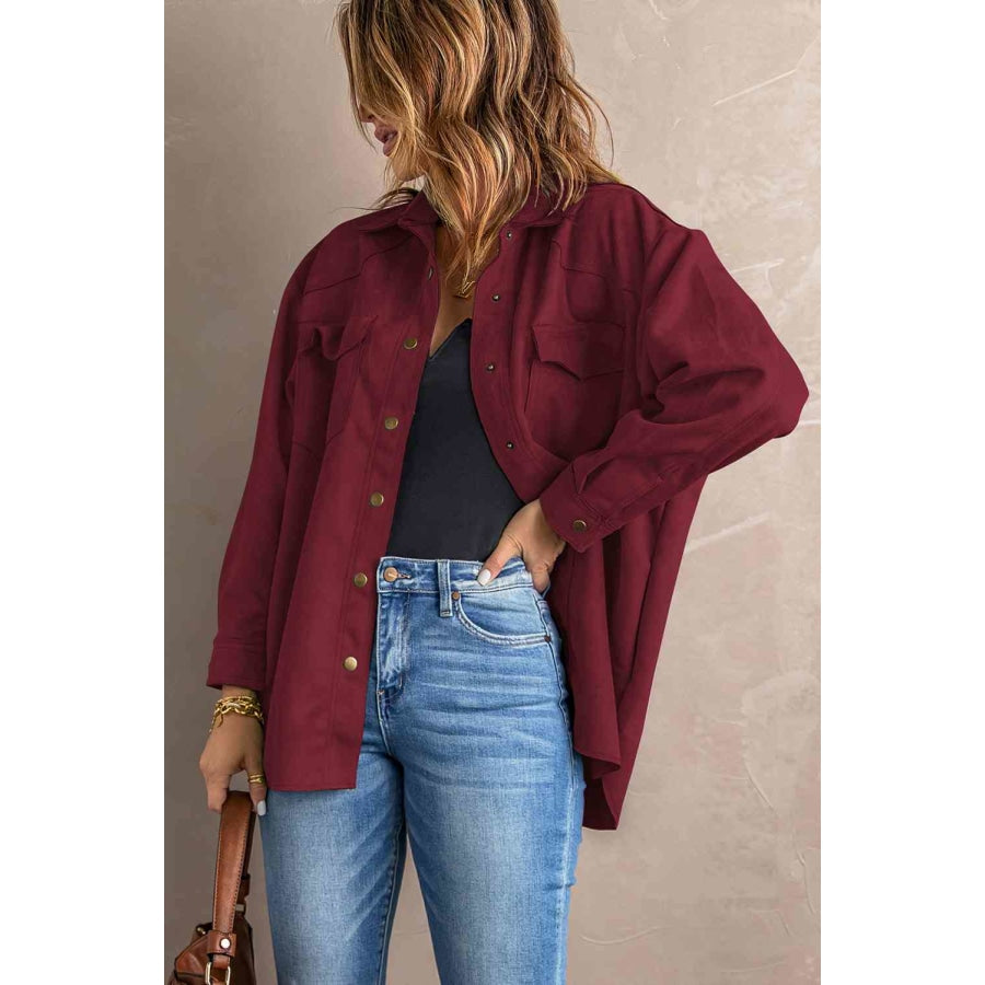 Double Take Suede Snap Front Dropped Shoulder Jacket Red / S Apparel and Accessories
