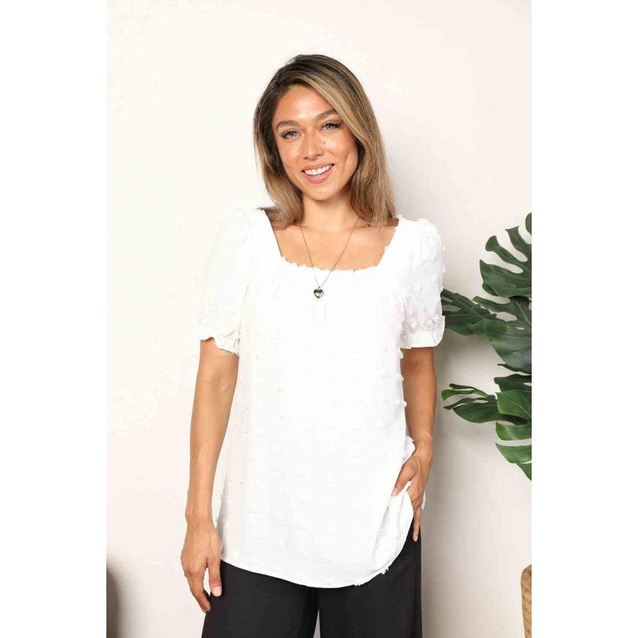 Double Take Swiss Dot Puff Sleeve Square Neck Blouse White / S Shirts &amp; Tops