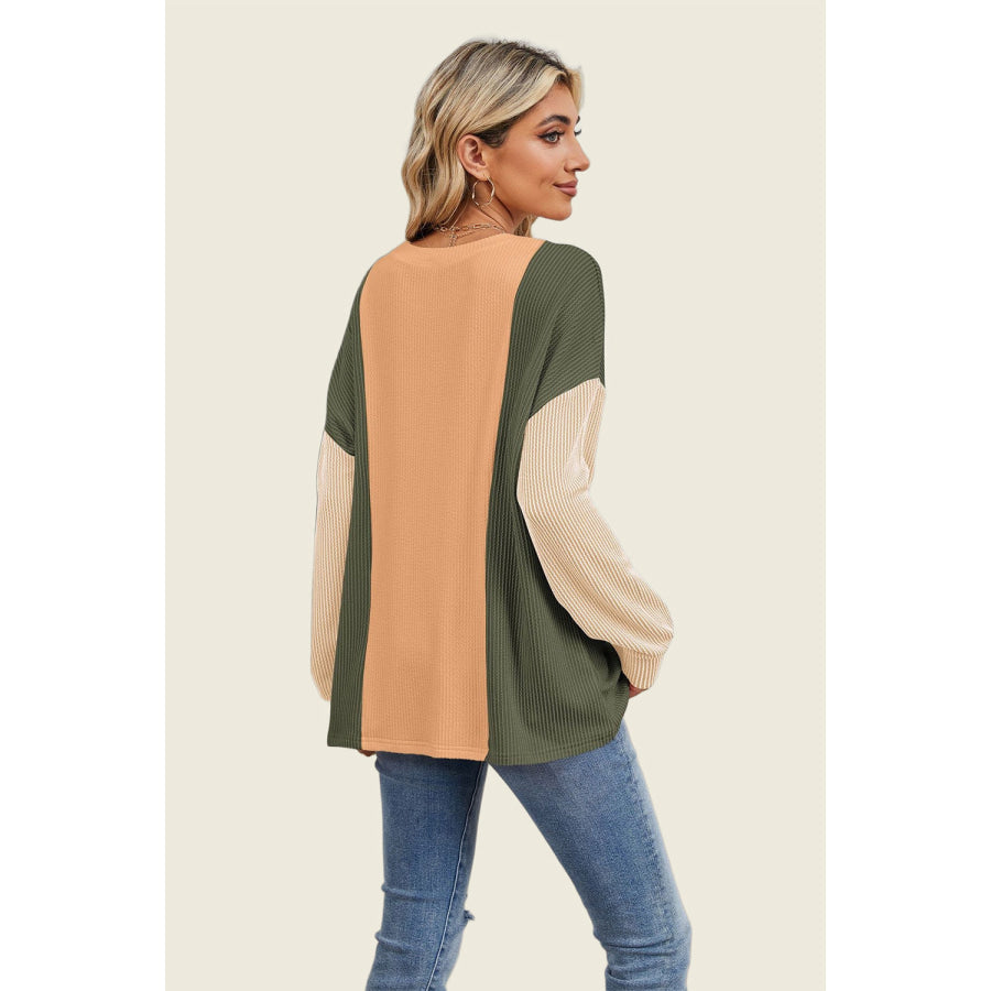 Double Take Texture Contrast Round Neck Long Sleeve T-Shirt Apparel and Accessories