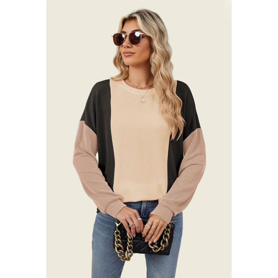 Double Take Texture Contrast Round Neck Long Sleeve T-Shirt Apparel and Accessories