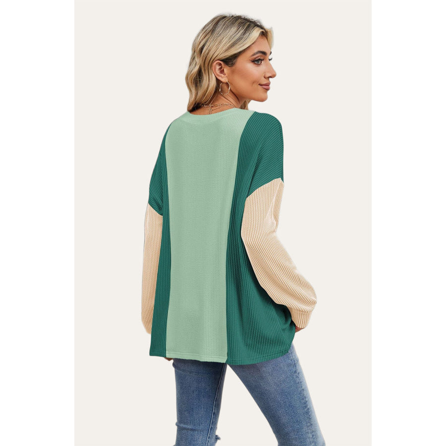 Double Take Texture Contrast Round Neck Long Sleeve T-Shirt Apparel and Accessories