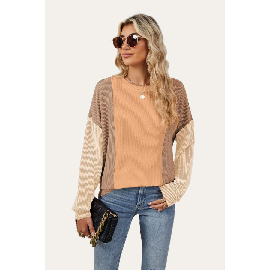 Double Take Texture Contrast Round Neck Long Sleeve T-Shirt Apparel and Accessories