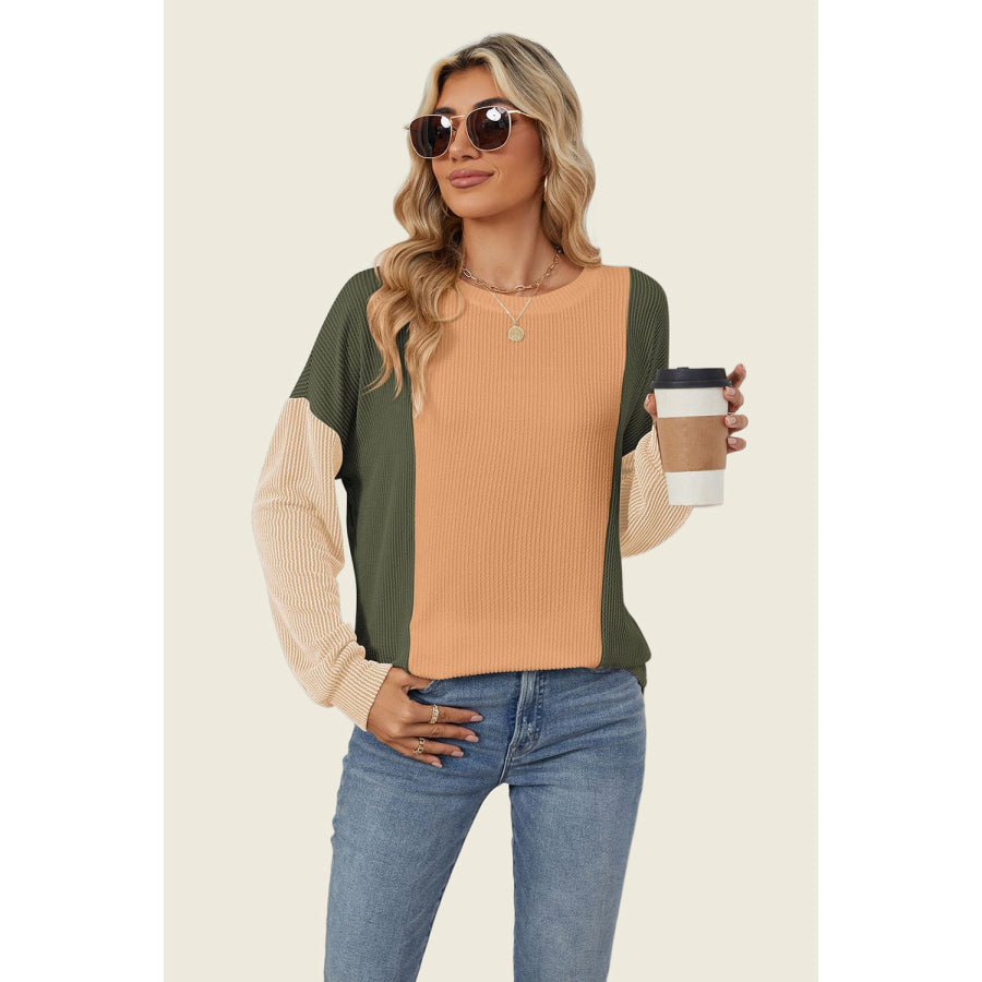 Double Take Texture Contrast Round Neck Long Sleeve T-Shirt Apparel and Accessories