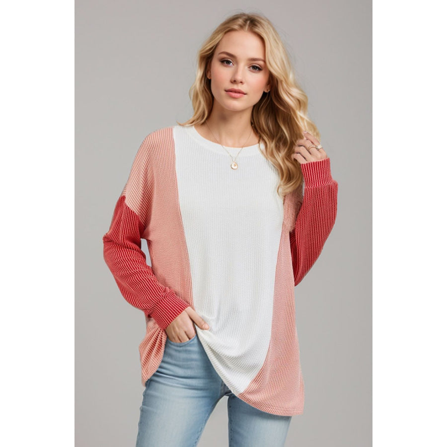 Double Take Texture Contrast Round Neck Long Sleeve T-Shirt Apparel and Accessories