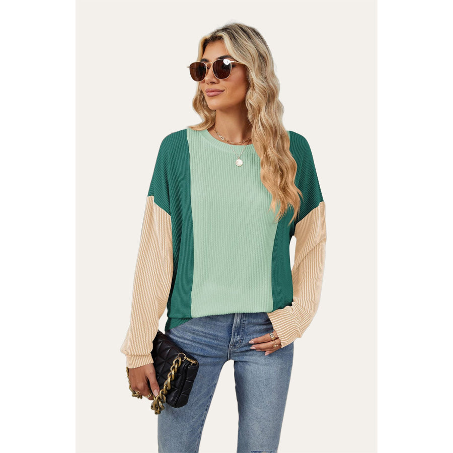 Double Take Texture Contrast Round Neck Long Sleeve T-Shirt Apparel and Accessories