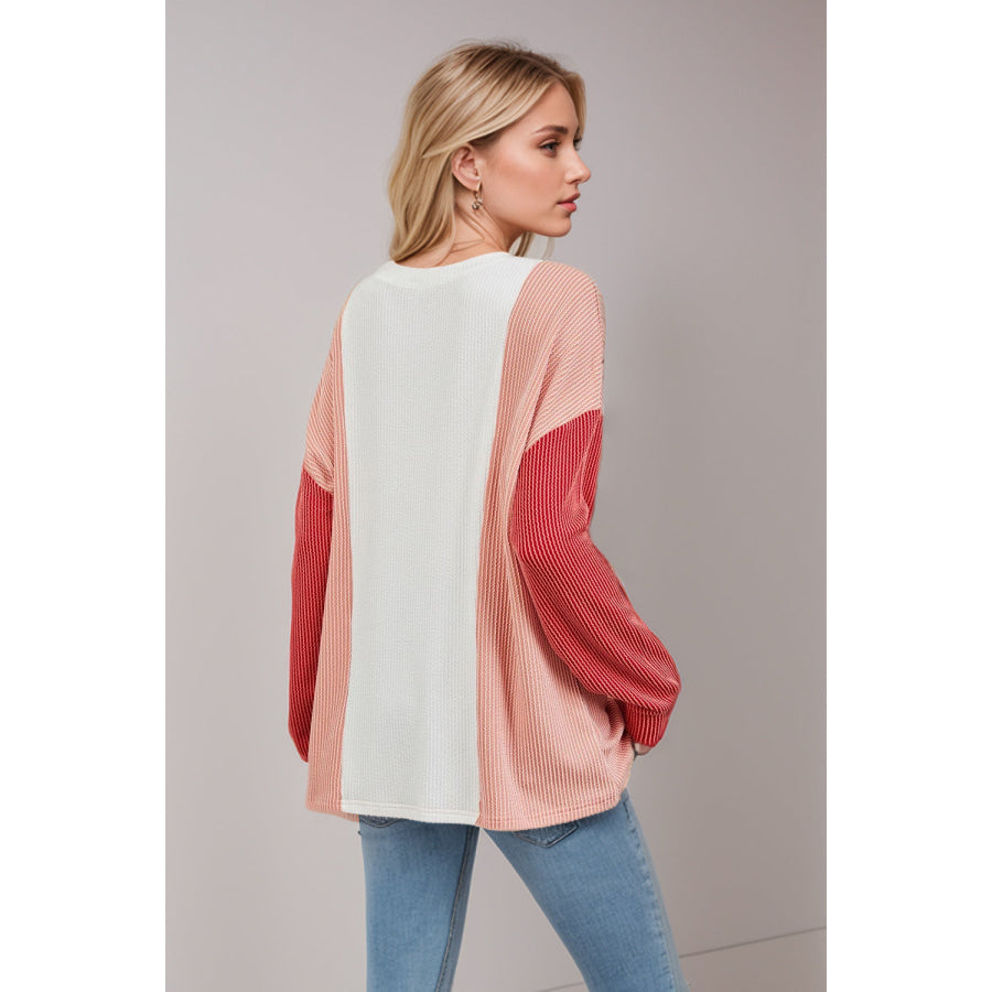 Double Take Texture Contrast Round Neck Long Sleeve T-Shirt Apparel and Accessories