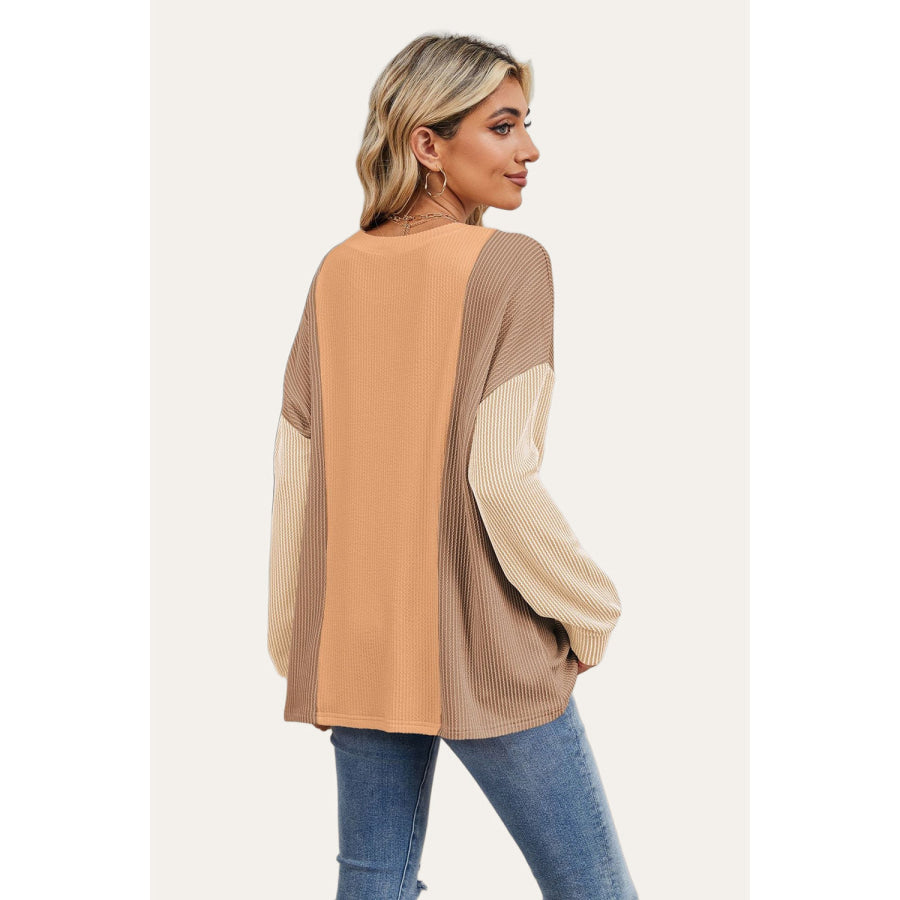 Double Take Texture Contrast Round Neck Long Sleeve T-Shirt Apparel and Accessories