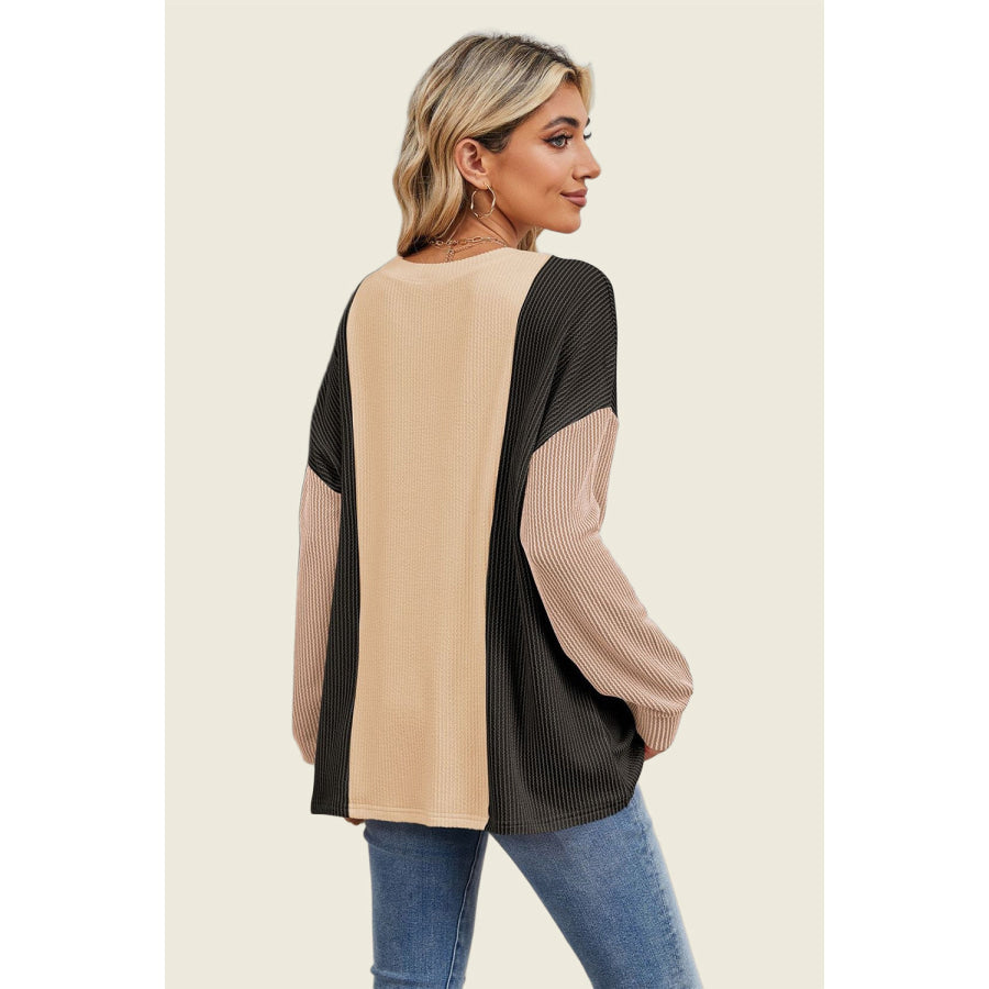 Double Take Texture Contrast Round Neck Long Sleeve T-Shirt Apparel and Accessories