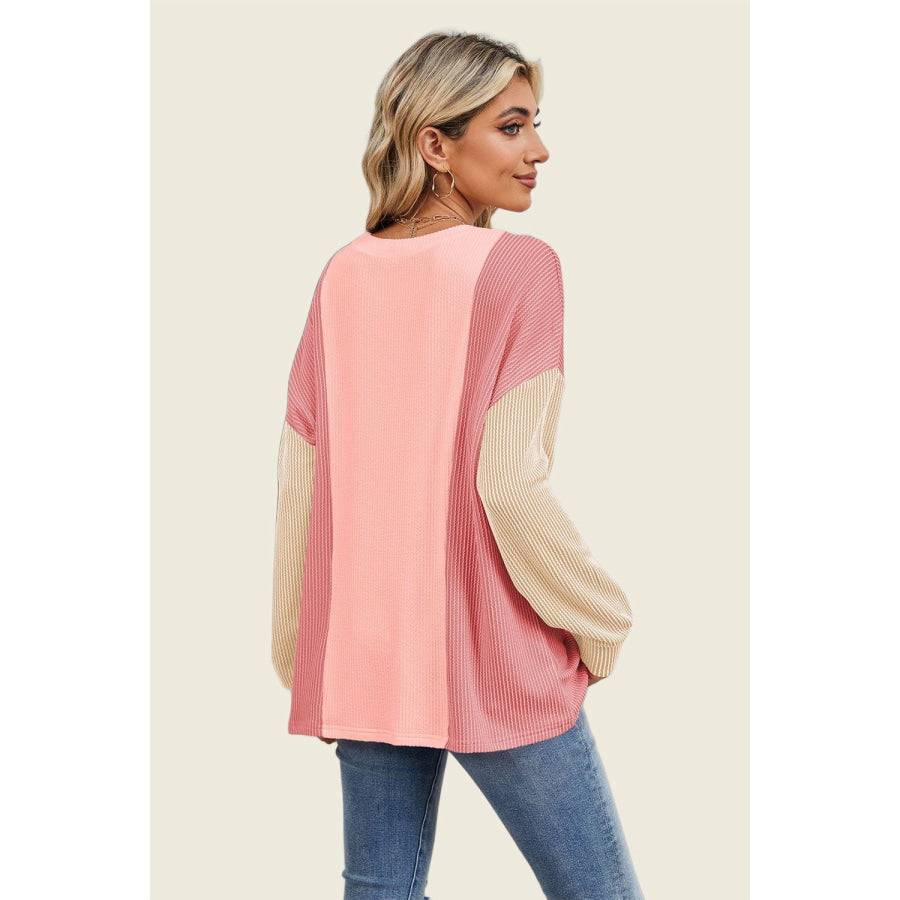 Double Take Texture Contrast Round Neck Long Sleeve T-Shirt Apparel and Accessories