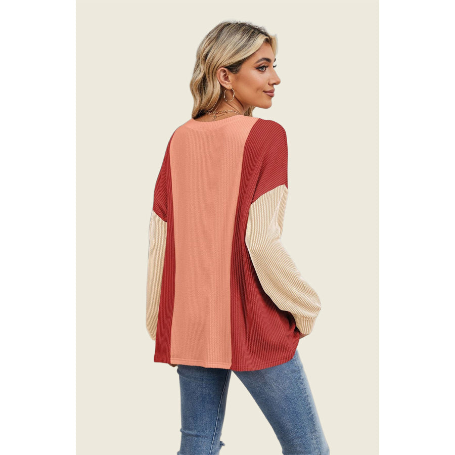 Double Take Texture Contrast Round Neck Long Sleeve T-Shirt Apparel and Accessories