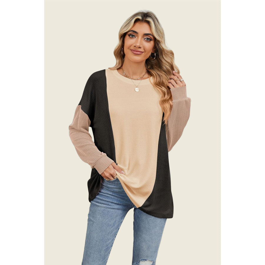 Double Take Texture Contrast Round Neck Long Sleeve T-Shirt Black / S Apparel and Accessories