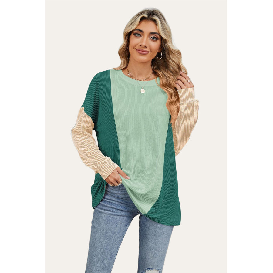 Double Take Texture Contrast Round Neck Long Sleeve T-Shirt Dark Green / S Apparel and Accessories