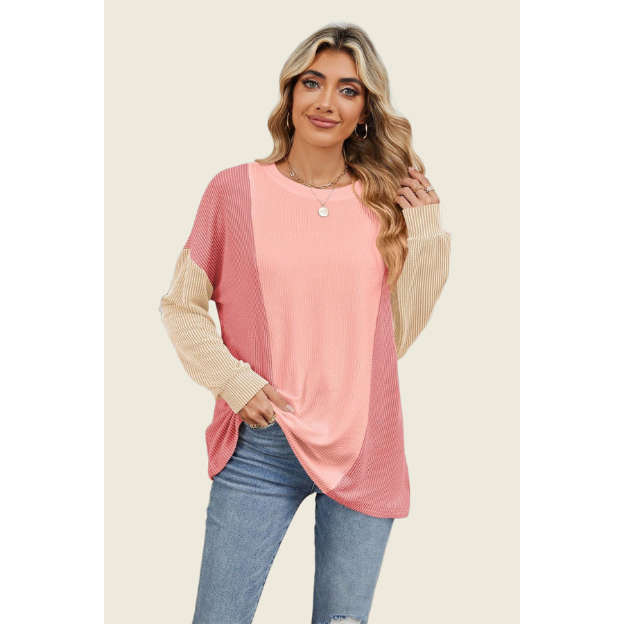 Double Take Texture Contrast Round Neck Long Sleeve T-Shirt Dusty Pink / S Apparel and Accessories