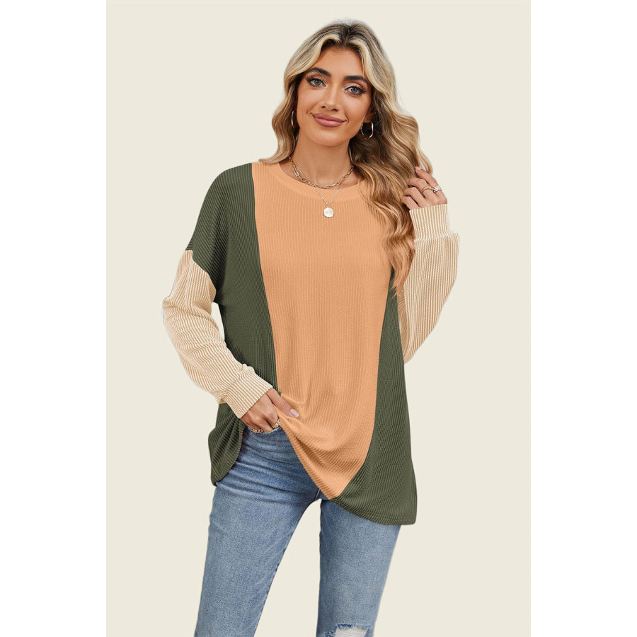 Double Take Texture Contrast Round Neck Long Sleeve T-Shirt Moss / S Apparel and Accessories