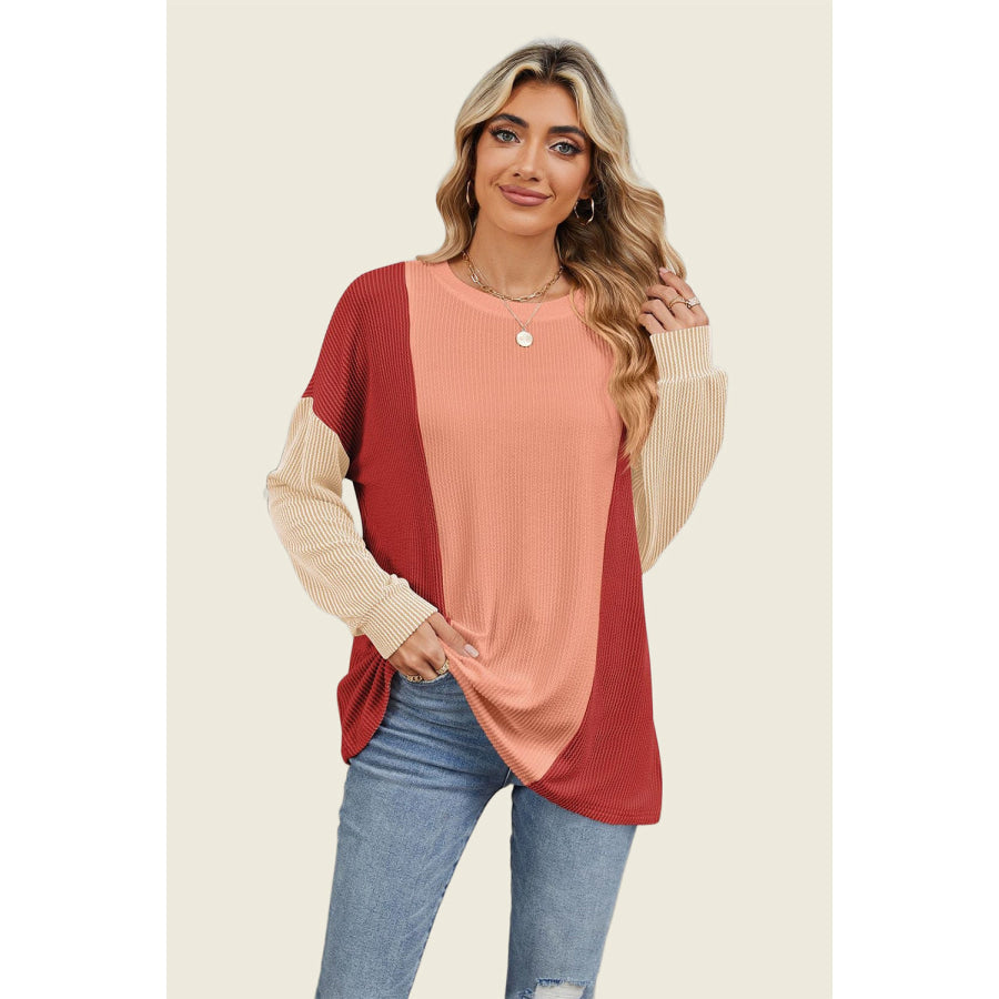 Double Take Texture Contrast Round Neck Long Sleeve T-Shirt Rust / S Apparel and Accessories