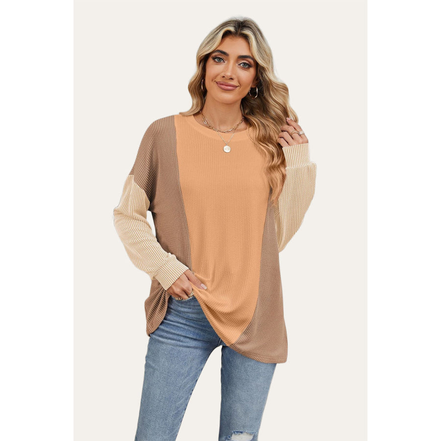 Double Take Texture Contrast Round Neck Long Sleeve T-Shirt Tan / S Apparel and Accessories