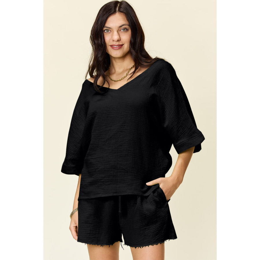 Double Take Texture Half Sleeve T-Shirt and Drawstring Shorts Set Black / S Apparel and Accessories