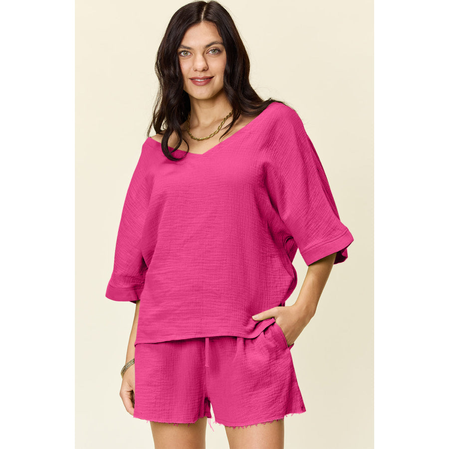 Double Take Texture Half Sleeve T-Shirt and Drawstring Shorts Set Hot Pink / S Apparel and Accessories