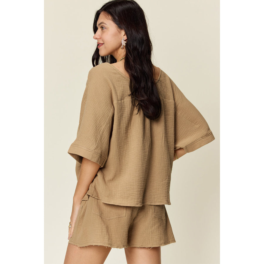 Double Take Texture Half Sleeve T-Shirt and Drawstring Shorts Set Khaki / S Apparel and Accessories