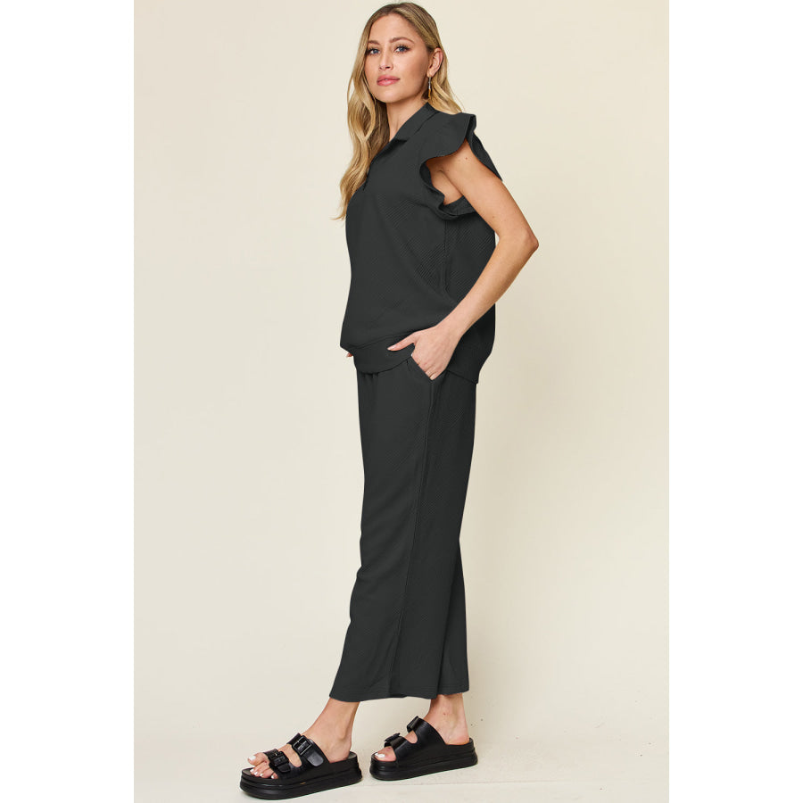 Double Take Texture Ruffle Short Sleeve Top and Drawstring Wide Leg Pants Set Apparel and Accessories