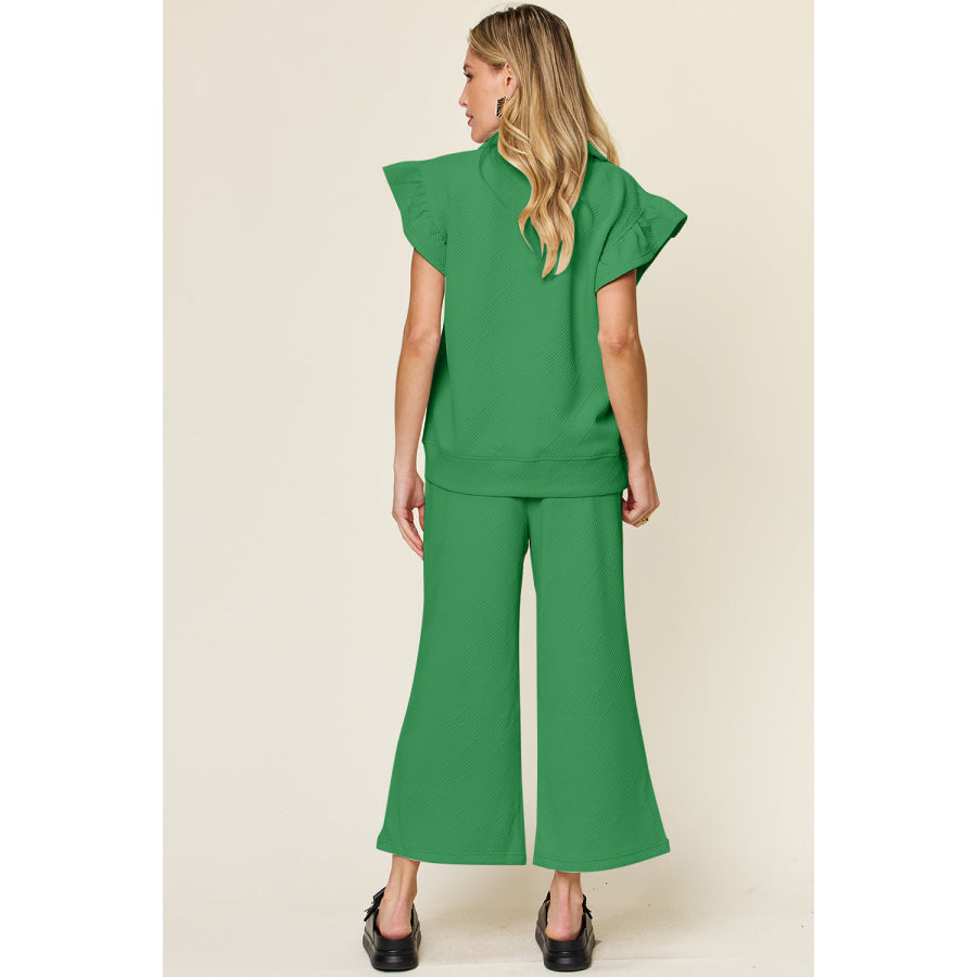 Double Take Texture Ruffle Short Sleeve Top and Drawstring Wide Leg Pants Set Apparel and Accessories