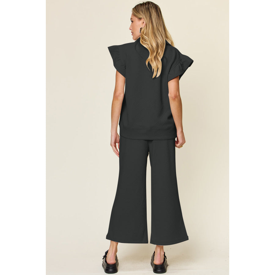 Double Take Texture Ruffle Short Sleeve Top and Drawstring Wide Leg Pants Set Apparel and Accessories