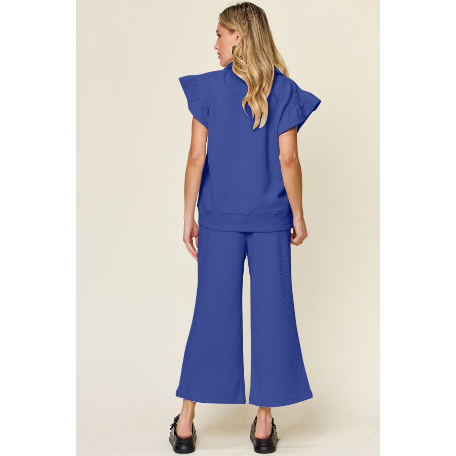 Double Take Texture Ruffle Short Sleeve Top and Drawstring Wide Leg Pants Set Apparel and Accessories