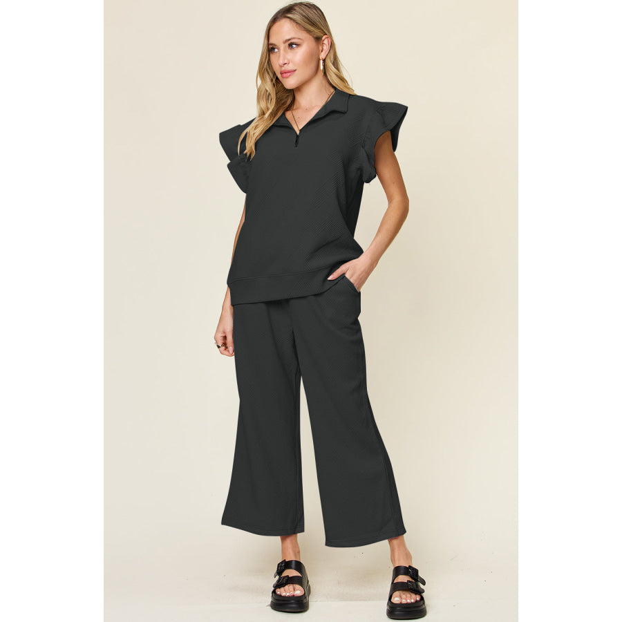 Double Take Texture Ruffle Short Sleeve Top and Drawstring Wide Leg Pants Set Black / S Apparel and Accessories