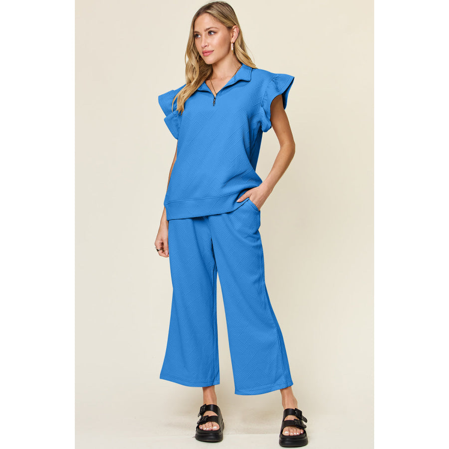 Double Take Texture Ruffle Short Sleeve Top and Drawstring Wide Leg Pants Set Cerulean / L Apparel and Accessories