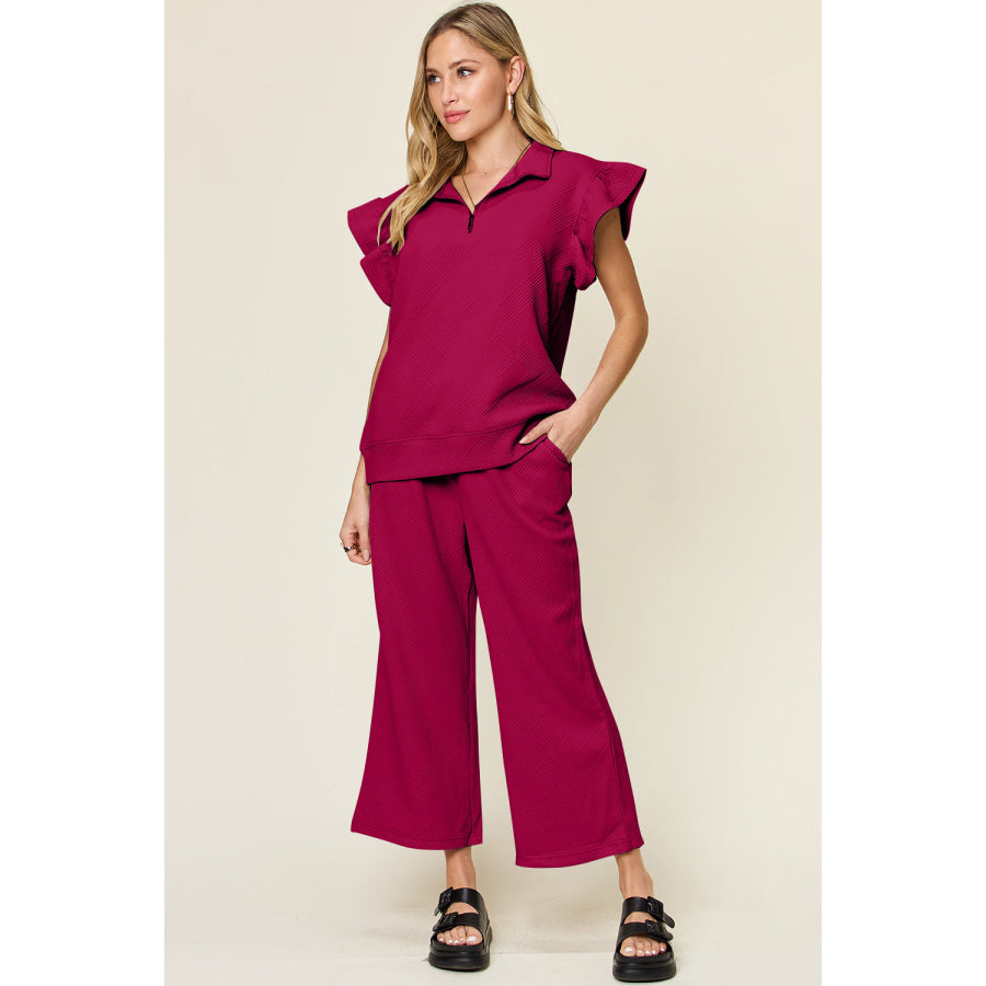 Double Take Texture Ruffle Short Sleeve Top and Drawstring Wide Leg Pants Set Deep Rose / 2XL Apparel and Accessories