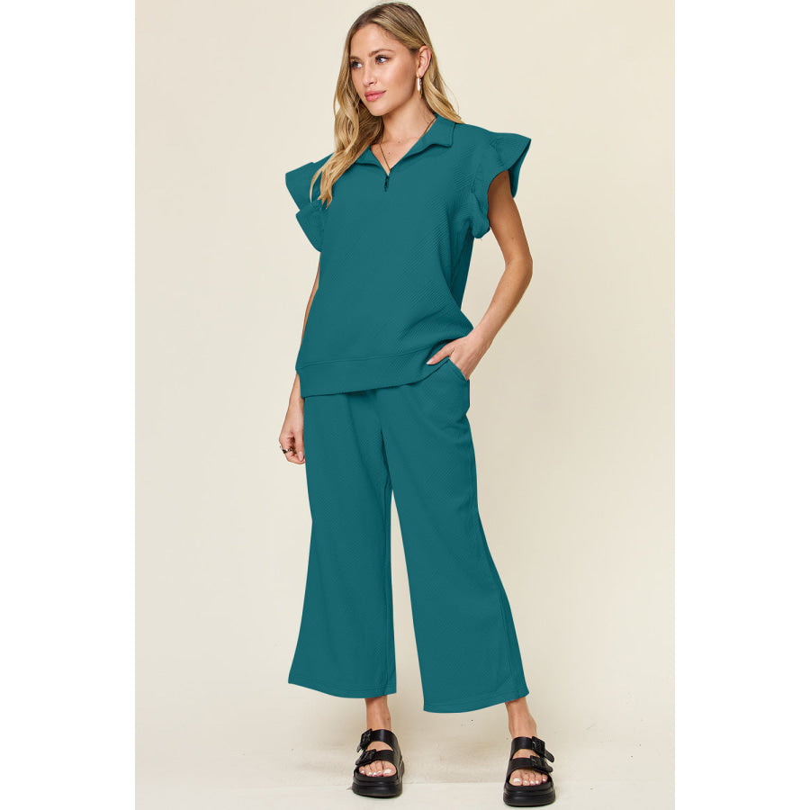 Double Take Texture Ruffle Short Sleeve Top and Drawstring Wide Leg Pants Set Deep Teal / S Apparel and Accessories