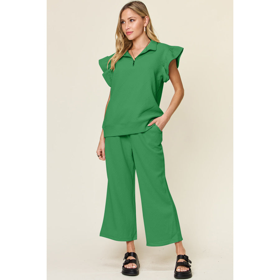 Double Take Texture Ruffle Short Sleeve Top and Drawstring Wide Leg Pants Set Green / S Apparel and Accessories