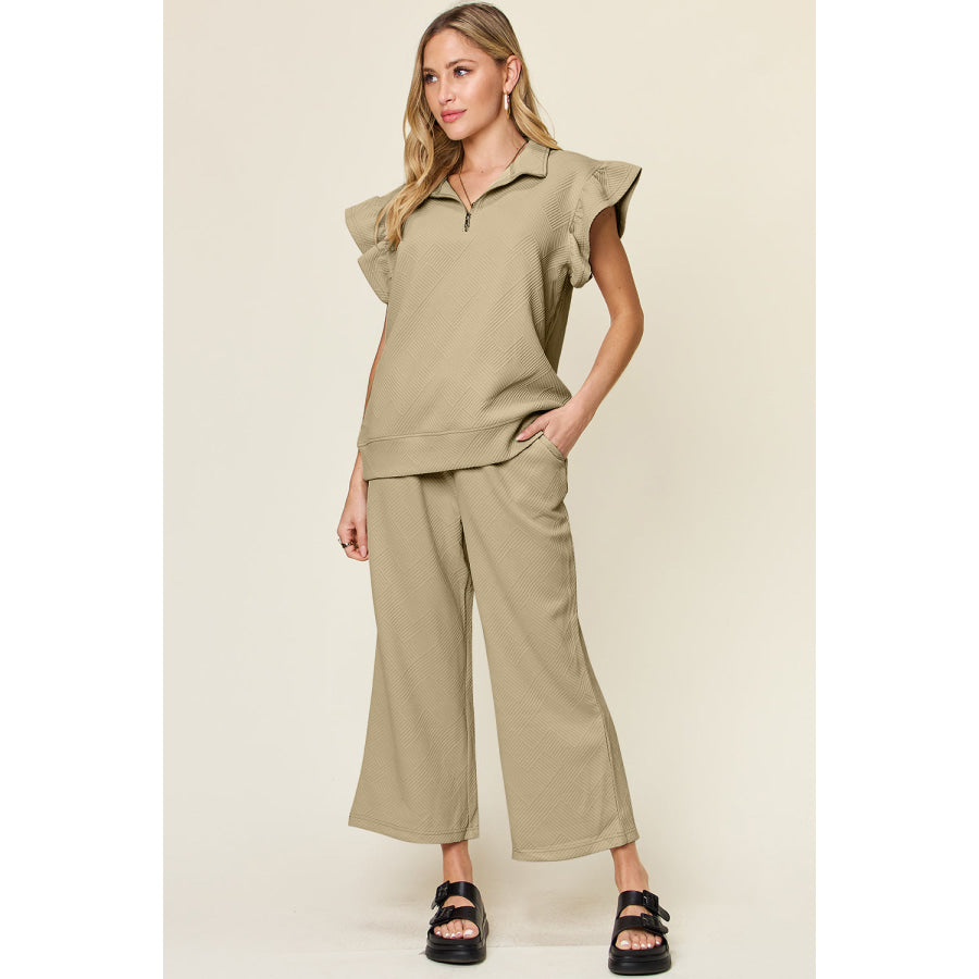Double Take Texture Ruffle Short Sleeve Top and Drawstring Wide Leg Pants Set Khaki / L Apparel and Accessories