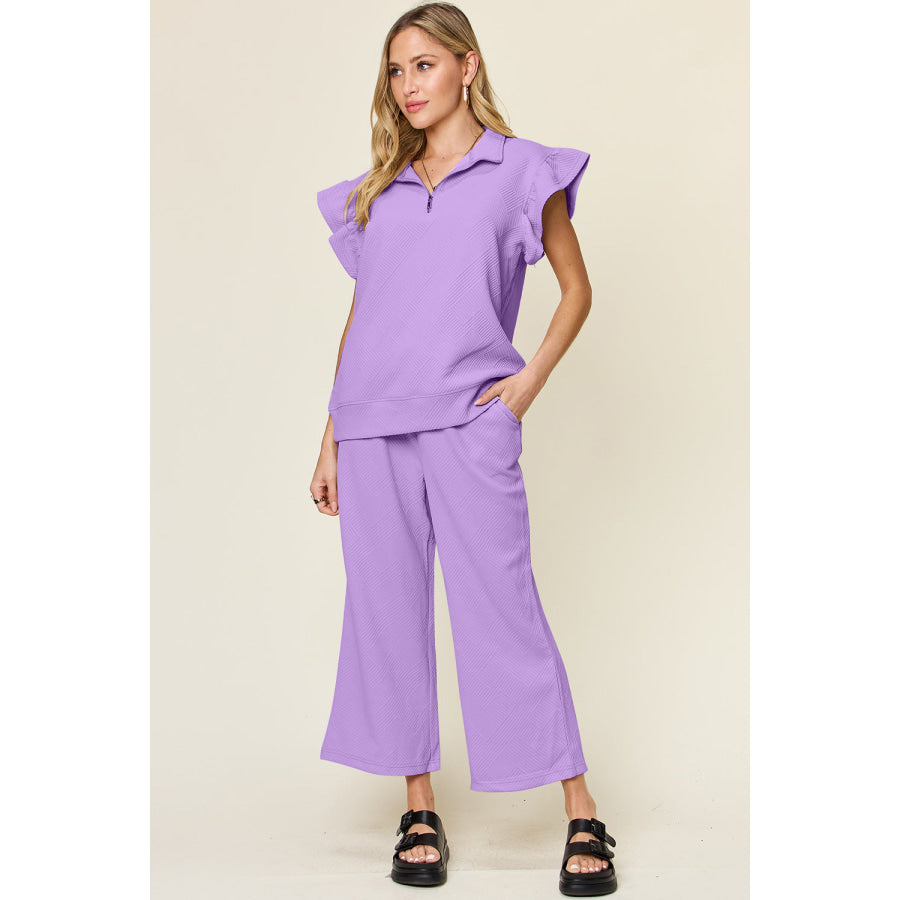 Double Take Texture Ruffle Short Sleeve Top and Drawstring Wide Leg Pants Set Lavender / M Apparel and Accessories