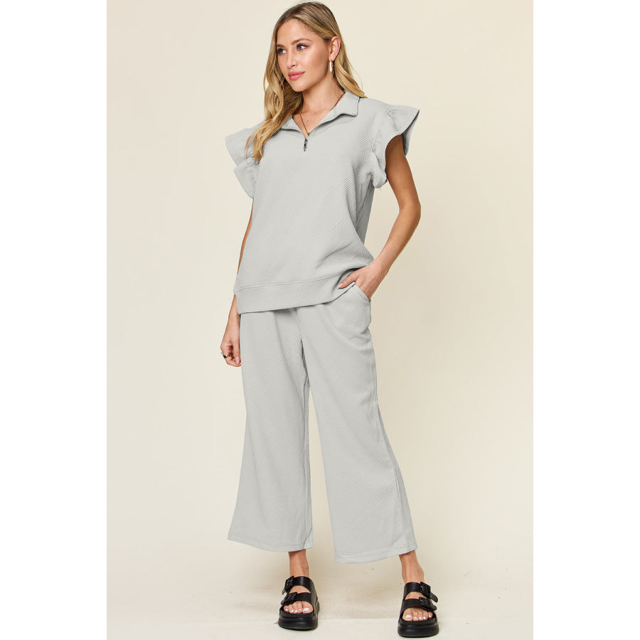 Double Take Texture Ruffle Short Sleeve Top and Drawstring Wide Leg Pants Set Light Gray / 2XL Apparel and Accessories